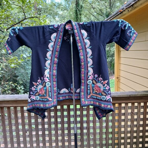 Johnny Was Sweaters - 'Delphine' Draped Cardigan Black Cardigan Vibrant Floral Floral Embroidery SzL